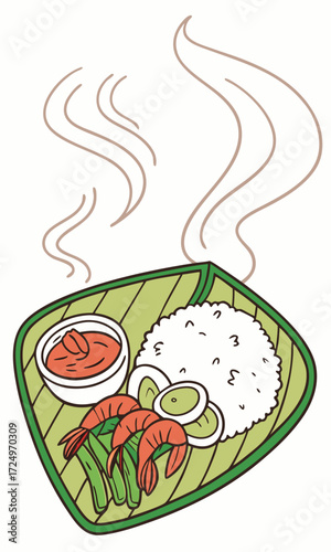 Cartoon Illustration of Shrimp Rice Eggs and Sauce on a Banana Leaf Plate