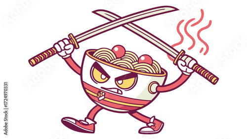 Cartoon Bowl of Noodles Wielding Katanas with Angry Expression and Steaming Noodles