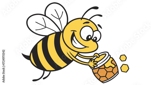 Cartoon bee carrying a honey pot with dripping honey and honeycomb pattern