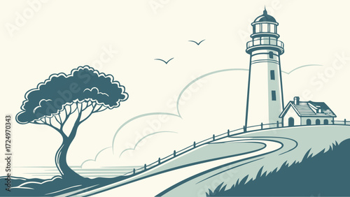 Coastal Lighthouse Scene with Winding Road and Solitary Tree