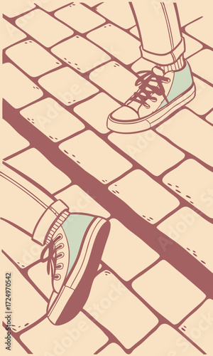 Illustrated sneakers on a brick path cuffed jeans casual footwear