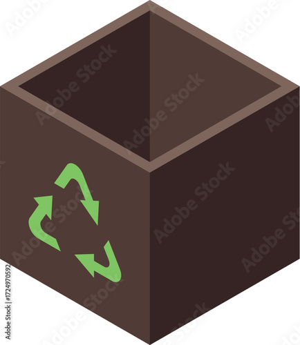 Isometric view of an empty recycling bin with recycling symbol, promoting waste sorting and environmental protection