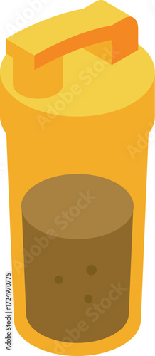 Isometric yellow shaker bottle containing brown protein shake for fitness