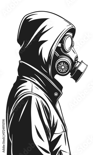 Silhouette of a Person Wearing Gas Mask and Hooded Jacket