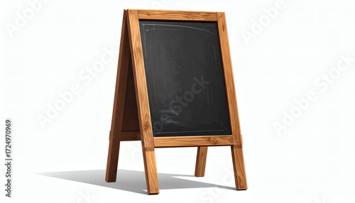 Outdoor chalk menu blackboard stand with wooden frame, realistic chalkboard easel, cafe or restaurant signage, rustic menu display, writable chalkboard board design