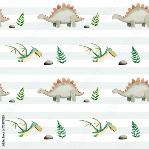 Seamless pattern with cute dinosaurs. Watercolor baby background. Pterodactyl and stegosaurus