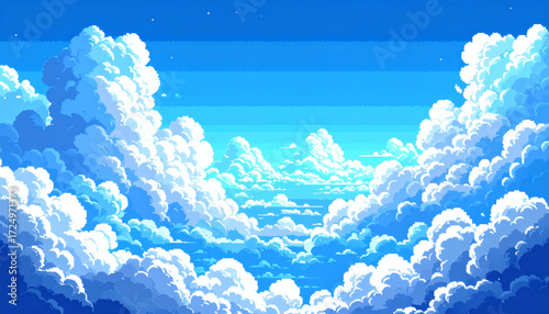 Pixel clouds, retro 8-bit blue sky aerial cloud pixel art background, isolated on white, vintage pixel sky scene, 8-bit cloud illustration