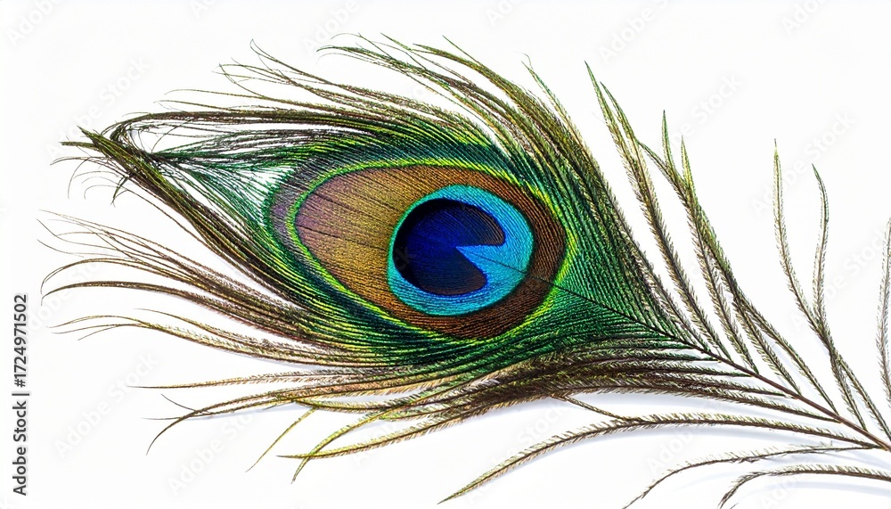 Obraz premium Close-up of peacock feather with vibrant eye-like pattern in blue, green, gold, and purple, featuring delicate barbs and symmetrical design, isolated on white background, showcasing natural elegance.