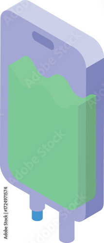 Isometric medical iv drip bag containing green saline solution being used for intravenous therapy