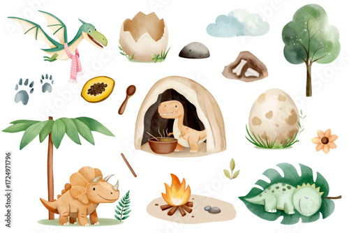 Scenes with cute dinosaurs. Watercolor set with prehistoric animals and funny life details for kids. Eggs, leaves, food, bonfire