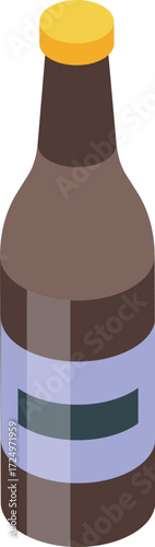 Refreshing brown beer bottle with yellow cap and generic label, in isometric view