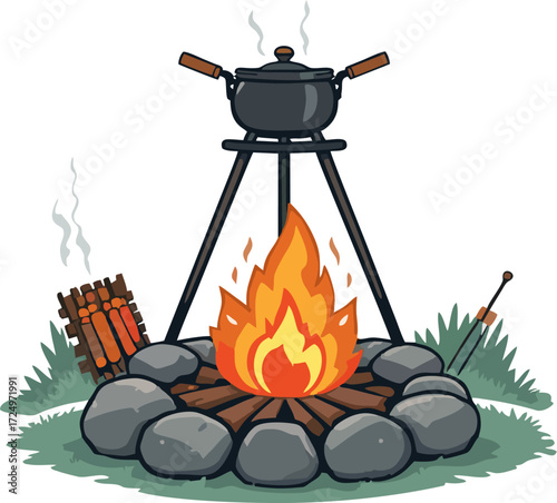 Rustic Campfire Cooking Pot Vector – Minimalist Outdoor Boiling Pot with Fire and Grill