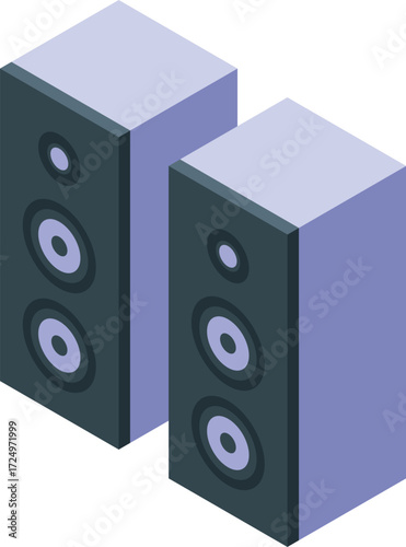 Two gray speakers are playing loud music in isometric view