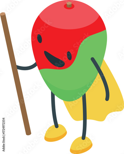 Superhero mango holding a stick, healthy fruit character promoting wellness