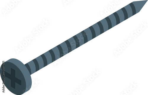 Isometric view of a long metal screw, ideal for various construction and diy projects