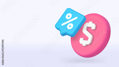 Colorful 3d icon combining percent symbol in speech bubble with dollar sign disk symbolizes pricing, finance, and discount concepts. 3d realistic icon copy space banner vector illustration