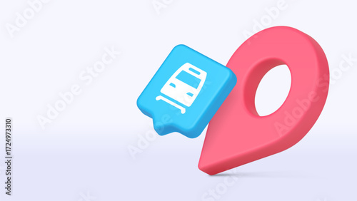 Train icon combined with a pink location pin symbolizing travel navigation, mobility services, and location tracking for transportation apps and websites. Copy space banner vector illustration