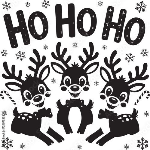 Three cartoon reindeer with bow ties and ho ho ho text in festive colors on a white background