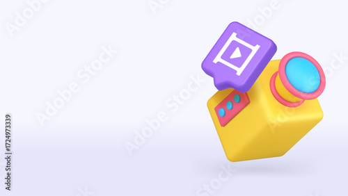 Bright 3D icon showing a digital camera with a play symbol representing streaming, video recording, and content creation. 3d realistic icon copy space banner vector illustration