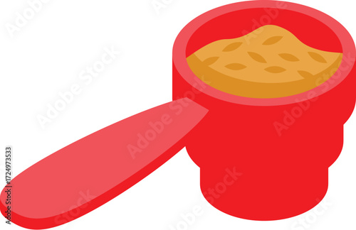 Red plastic measuring spoon containing ground coffee or spices, ideal for precise portioning in cooking and baking