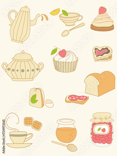 A collection of illustrated tea time items and pastries