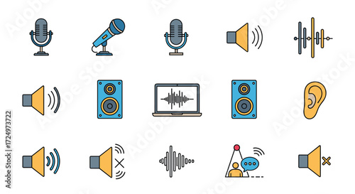 A collection of audio icons representing sound technology and voice capture.