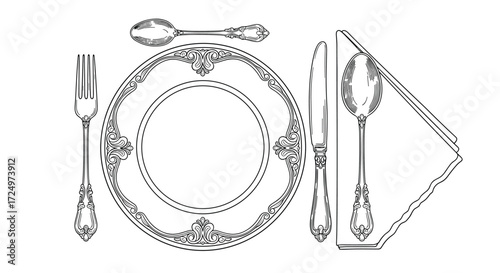 A beautifully illustrated formal dining setting with a decorative plate silverware and a folded napkin.
