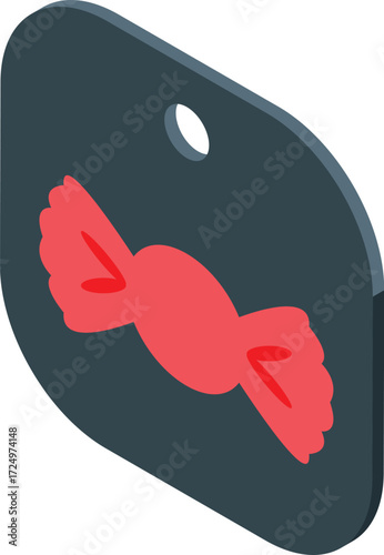 Candy store tag showing a wrapped hard candy, advertising sugary treats and confectionery products