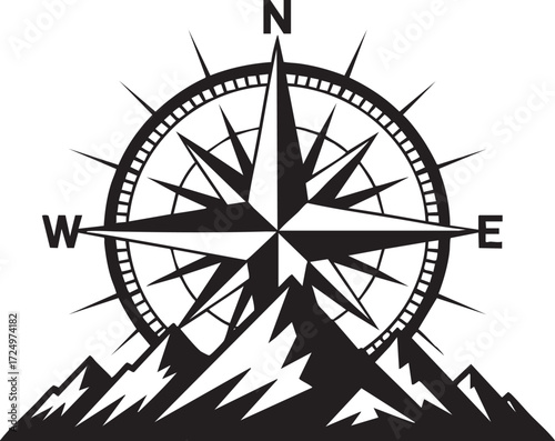 A graphic of a compass rose over mountains with the words explore the unknown in black and white