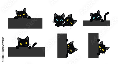 Adorably curious black kittens peeking from behind opaque rectangular objects.