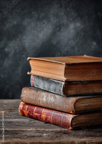 Old Knowledge: Stack of Vintage Books on Wood, Dark Backdrop
