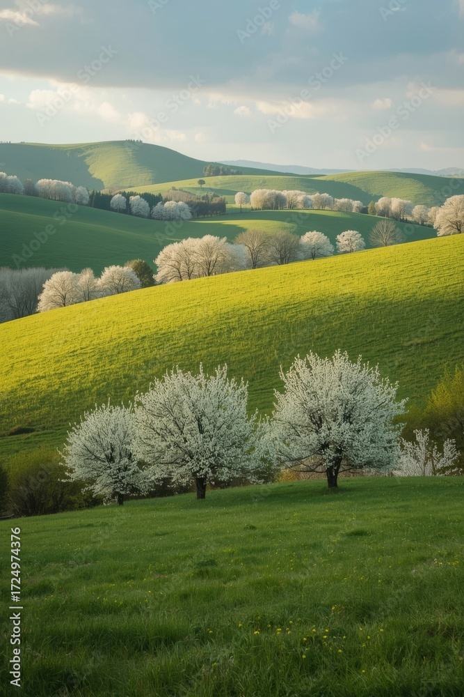 Obraz premium Lush Green Rolling Hills Adorned with Blooming Trees Under a Soft Sky