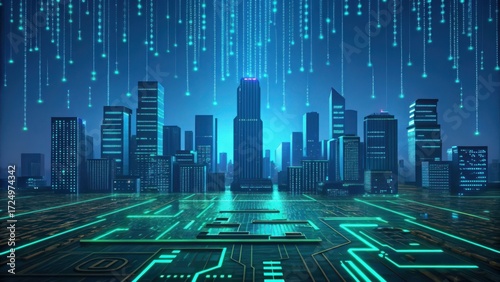 Futuristic digital city skyline with glowing circuit board patterns and falling binary code streams