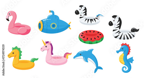 Collection of inflatable pool toys featuring animals and whimsical creatures for water fun.