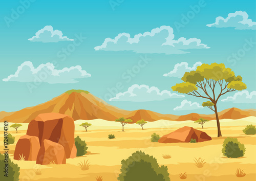 African savannah landscape. Beautiful nature landscape. African safari banner concept. Tropical tourism, exotic recreation poster. Wilderness savannah flat vector