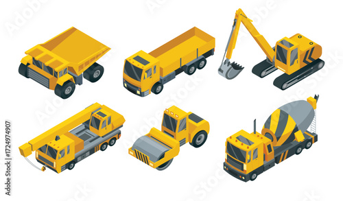 Isometric icon set of yellow road construction machinery vector illustration