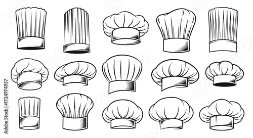 A collection of different styles of chef hats and toques displayed in a grid format.