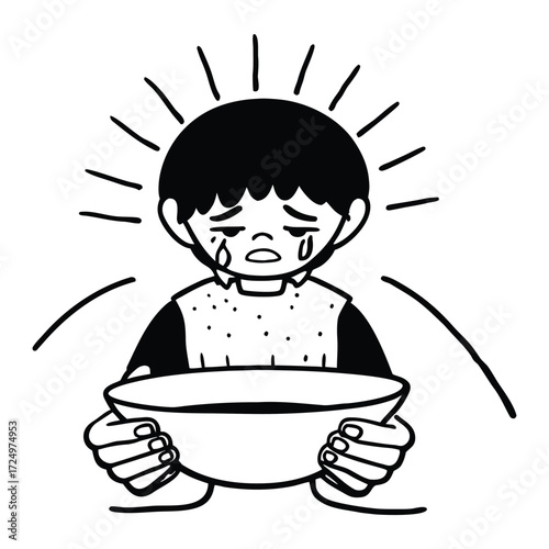 Hungry Child Empty Bowl Sadness Poverty Child Hunger Food Insecurity on White Background
