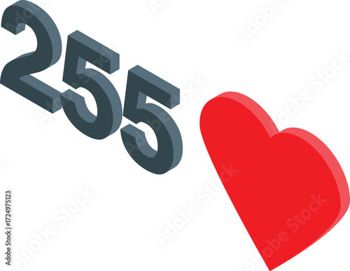3d isometric number 255 with red heart representing likes on social media