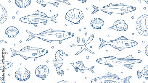 A seamless pattern of hand drawn sea life including various fish shells and a seahorse on white background