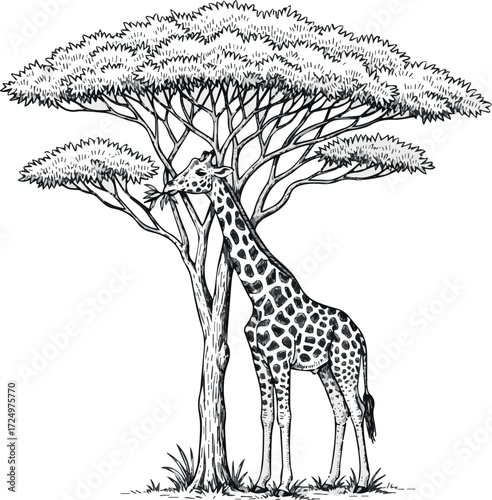wildlife etching, hand drawn engraving, monochrome mammal line art, giraffe browsing, rustic fauna print, detailed nature illustration, retro safari drawing, black sketch, classic style.