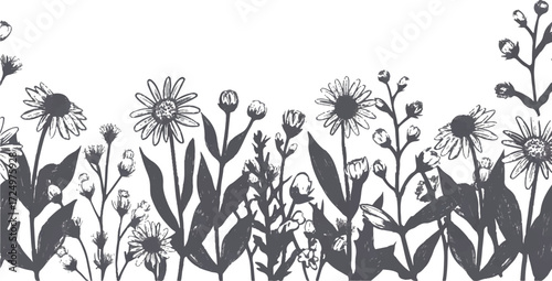 A monochrome illustration of assorted flowers and buds against a white background design element