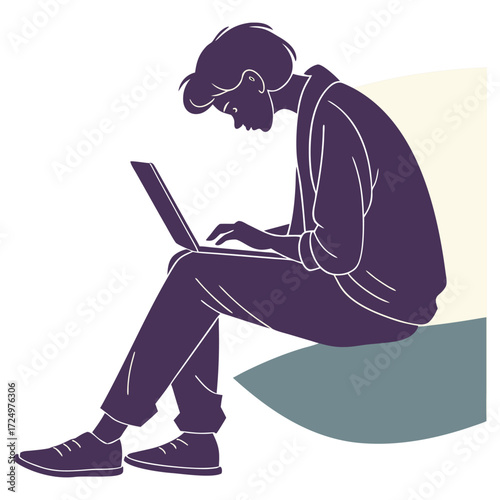 Person Working on Laptop Computer, Freelance, Remote Work, Digital Nomad Lifestyle on White Background