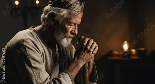 Elderly King David, crowned and in prayer, holds his shepherd's staff. A biblical concept of humility, reflection, and life's legacy.