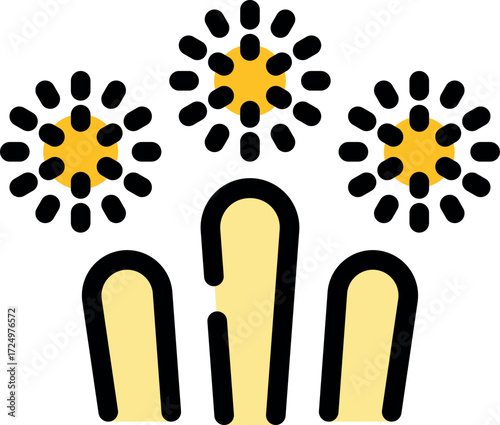 Three fingers reaching for three fireworks exploding in the night sky during a celebration