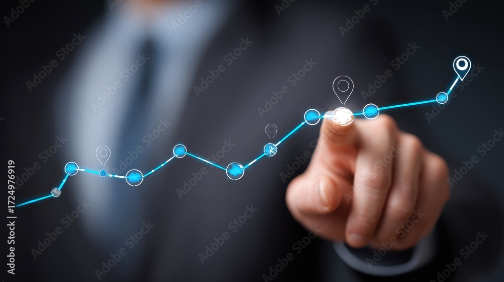 Fototapeta premium Business professional touching upward trend line on digital interface, representing growth, analytics, innovation, and technology in a corporate environment
