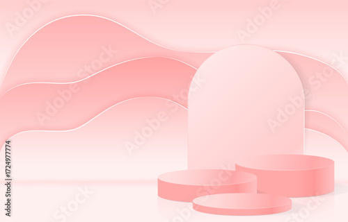 Paper cut of minimal scene with pink peach cylinder podium with pastel wavy layered paper art backdrop for product display on pink background. Product presentation, mock up, show cosmetic. Vector