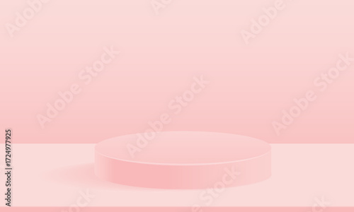 Paper cut of minimal scene with pink peach cylinder podium with pastel wavy layered paper art backdrop for product display on pink background. Product presentation, mock up, show cosmetic. Vector