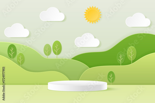 Paper cut of minimal scene with pink peach cylinder podium with pastel wavy layered paper art backdrop for product display on pink background. Product presentation, mock up, show cosmetic. Vector