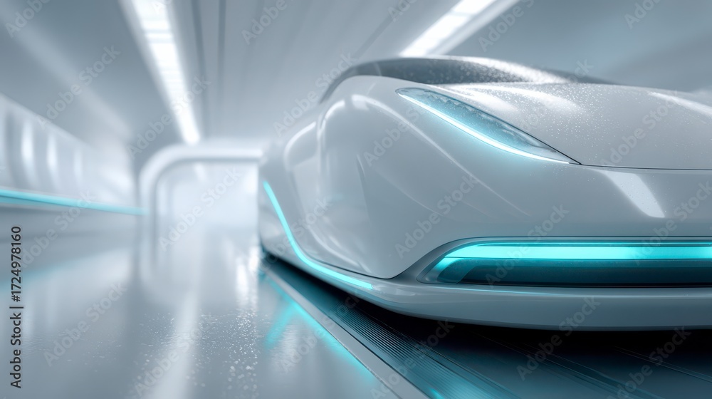 Fototapeta premium Futuristic vehicle with sleek, aerodynamic design glides smoothly through a modern tunnel, illuminated by the clean lines 